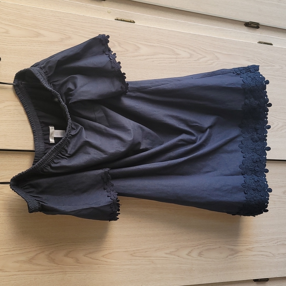 London Times Womens Denim Dress Off Shoulder Shift Blue Lace Trim